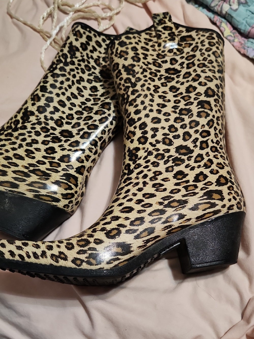 Madeline Leopard Print Ankle Rain Boots in Beige and Black
